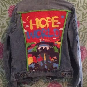 H&M Jean jacket, painted back hope world theme.